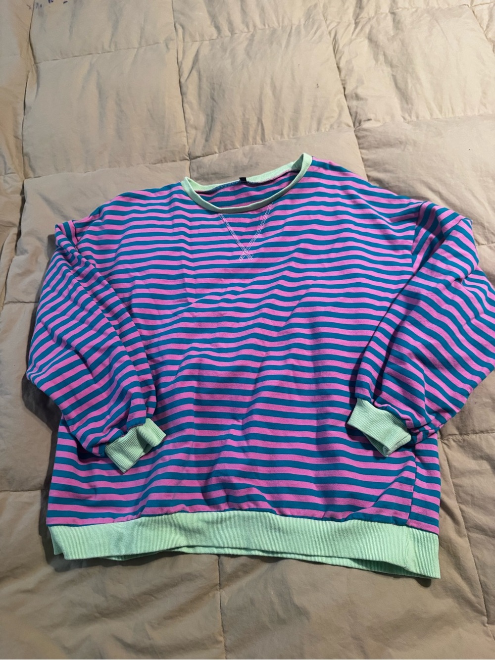 Striped Crewneck Sweatshirt - Pink & Blue with Mint Trim